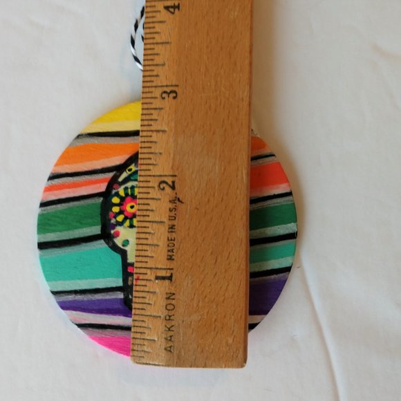 Handmade Ornament with Hand Painted Sugar Skull and Stripes For Dia De Muertos - Picture 13 of 16